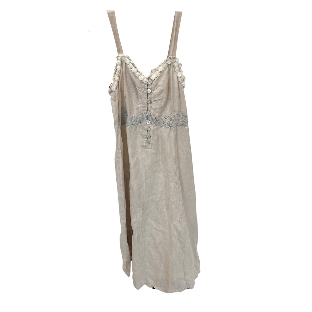 Marilu Italy Linen Rosette Boho Fairy Midi Dress Beige Lagenlook - Size XL